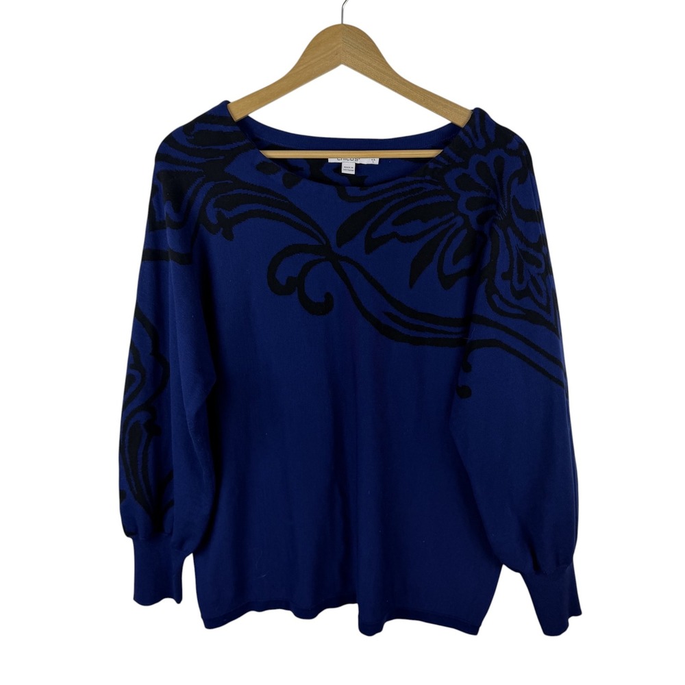 Chicos Royal Blue Floral Scroll Intarsia Boat Neck Sweater Size 2 Large Comfy